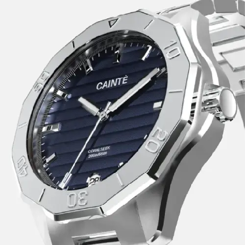 CAINTÉ Blue Bezel Watch for Men – Stainless Steel Luxury Design